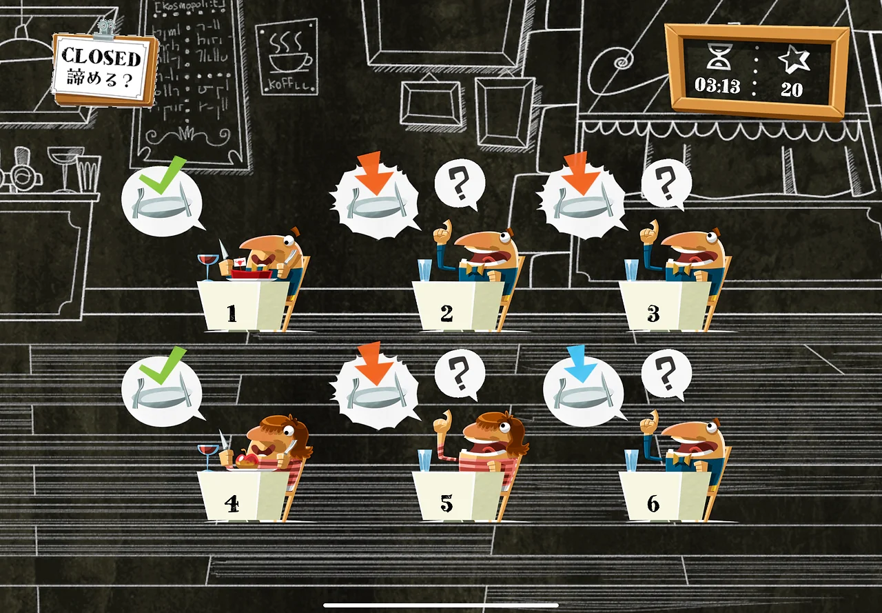 注文中のお客様は赤または青の下向き矢印が、提供後のお客様にはチェックマークが表示される